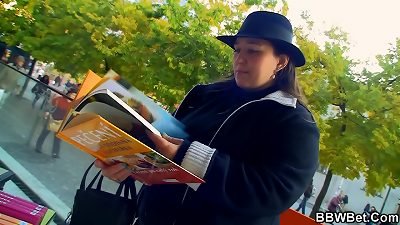 Picked up ample rump fatty deep-throats and rides massive schlong